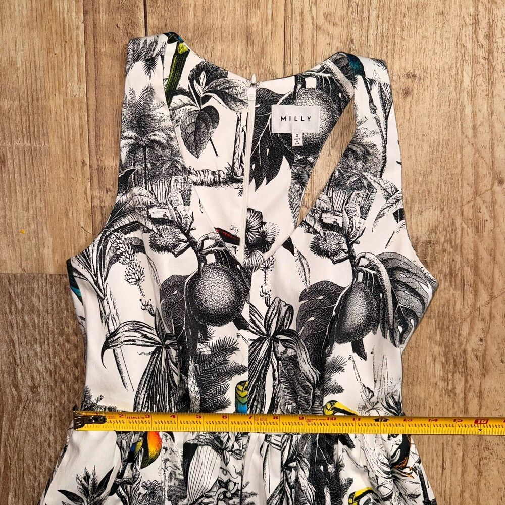 MILLY Fit & Flare Dress 0 NWOT White Black Tropical Print Sleeveless Lined USA - Picture 4 of 6